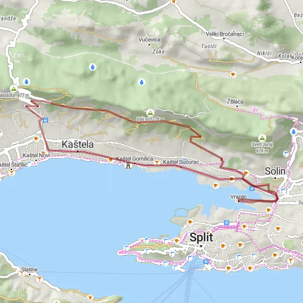 Map miniature of "Coastal Gravel Delight" cycling inspiration in Jadranska Hrvatska, Croatia. Generated by Tarmacs.app cycling route planner