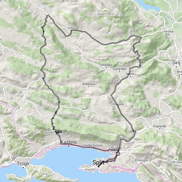 Map miniature of "Split and Surroundings" cycling inspiration in Jadranska Hrvatska, Croatia. Generated by Tarmacs.app cycling route planner