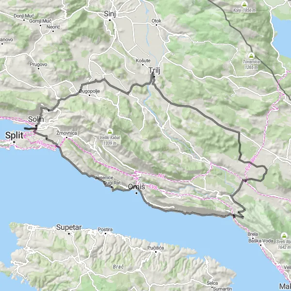 Map miniature of "Exploring the Countryside near Split" cycling inspiration in Jadranska Hrvatska, Croatia. Generated by Tarmacs.app cycling route planner