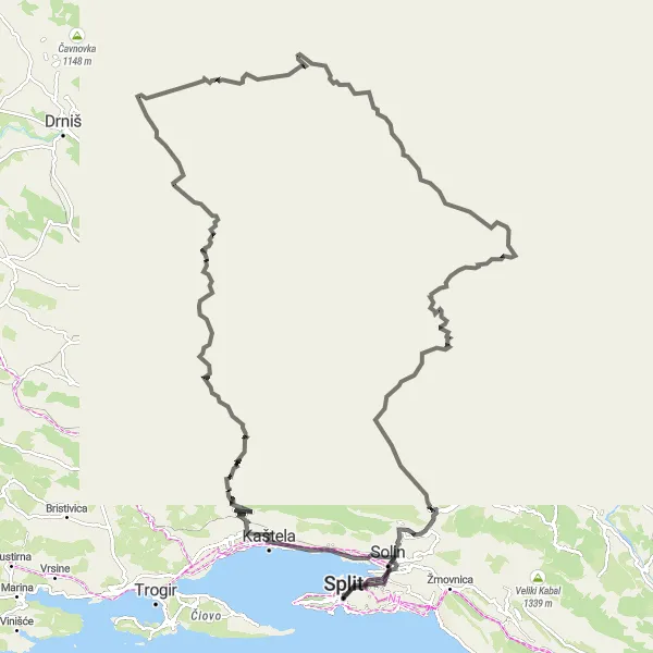Map miniature of "Split and its Surroundings" cycling inspiration in Jadranska Hrvatska, Croatia. Generated by Tarmacs.app cycling route planner