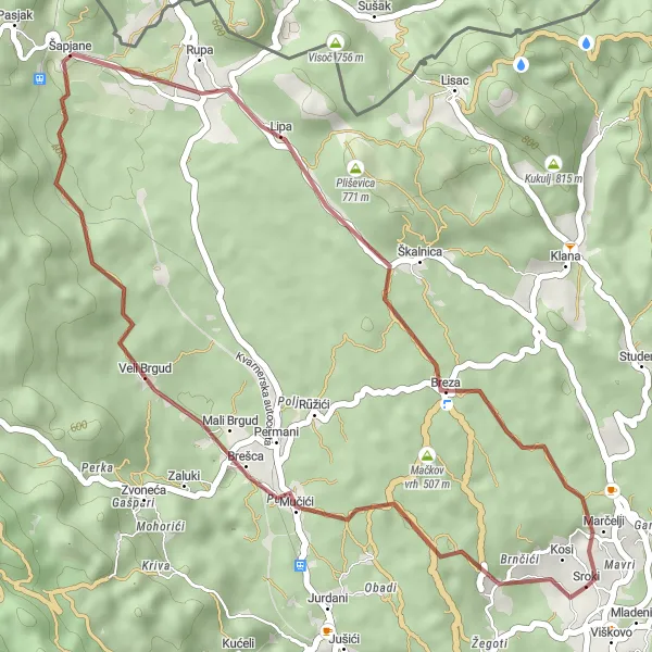Map miniature of "Sroki Gravel Adventure" cycling inspiration in Jadranska Hrvatska, Croatia. Generated by Tarmacs.app cycling route planner