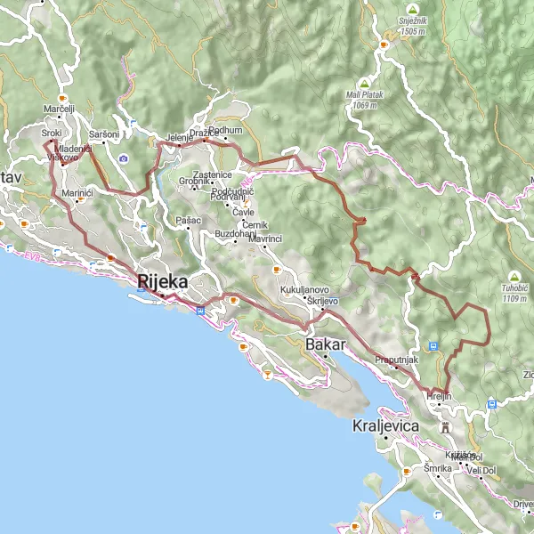 Map miniature of "Veli vrh Loop" cycling inspiration in Jadranska Hrvatska, Croatia. Generated by Tarmacs.app cycling route planner