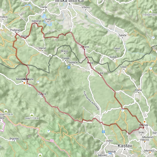 Map miniature of "Journey Through Wilderness" cycling inspiration in Jadranska Hrvatska, Croatia. Generated by Tarmacs.app cycling route planner
