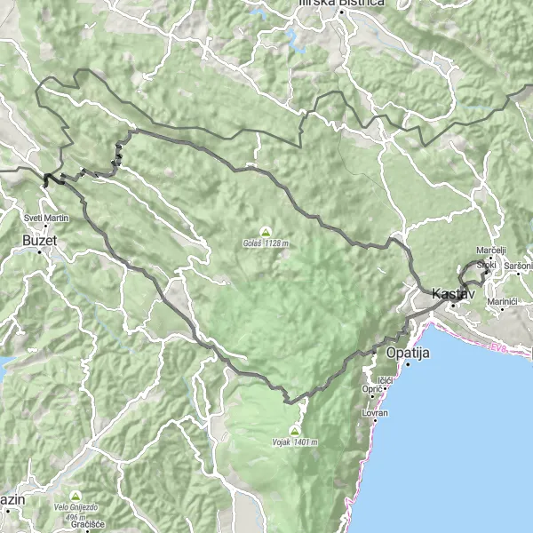Map miniature of "Učka Mountain Challenge" cycling inspiration in Jadranska Hrvatska, Croatia. Generated by Tarmacs.app cycling route planner