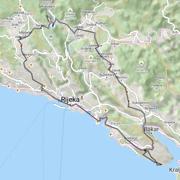 Map miniature of "Exploring Hinterlands" cycling inspiration in Jadranska Hrvatska, Croatia. Generated by Tarmacs.app cycling route planner