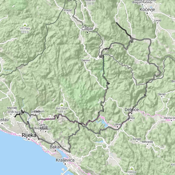 Map miniature of "Mountainous Adventure" cycling inspiration in Jadranska Hrvatska, Croatia. Generated by Tarmacs.app cycling route planner