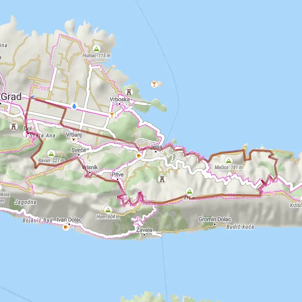 Map miniature of "Coastal Gravel Expedition" cycling inspiration in Jadranska Hrvatska, Croatia. Generated by Tarmacs.app cycling route planner