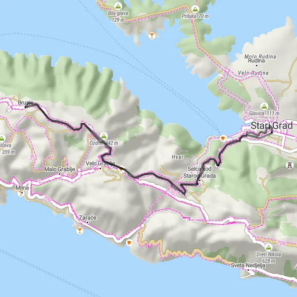 Map miniature of "The Brusje Escape" cycling inspiration in Jadranska Hrvatska, Croatia. Generated by Tarmacs.app cycling route planner