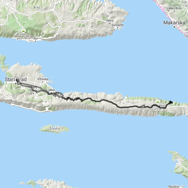 Map miniature of "The Hvar Coastal Ride" cycling inspiration in Jadranska Hrvatska, Croatia. Generated by Tarmacs.app cycling route planner