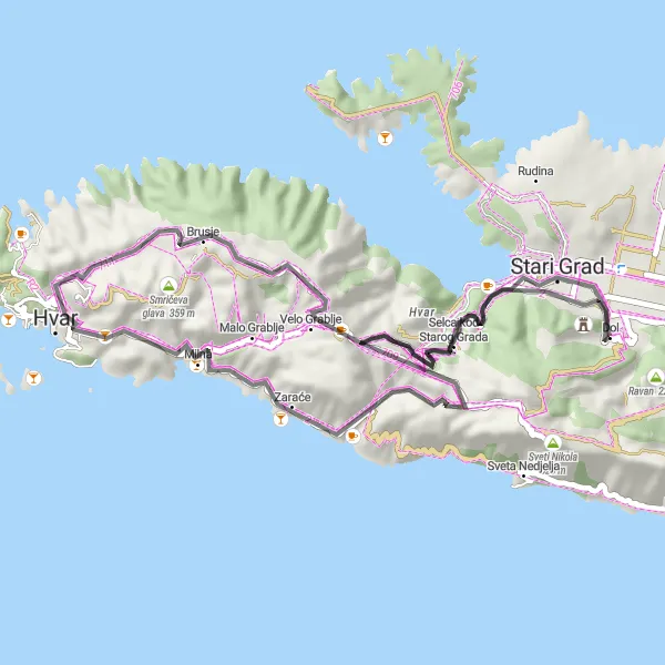 Map miniature of "Southwest Circuit" cycling inspiration in Jadranska Hrvatska, Croatia. Generated by Tarmacs.app cycling route planner