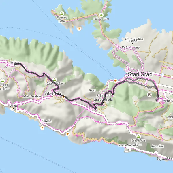 Map miniature of "Velo Grablje Loop" cycling inspiration in Jadranska Hrvatska, Croatia. Generated by Tarmacs.app cycling route planner
