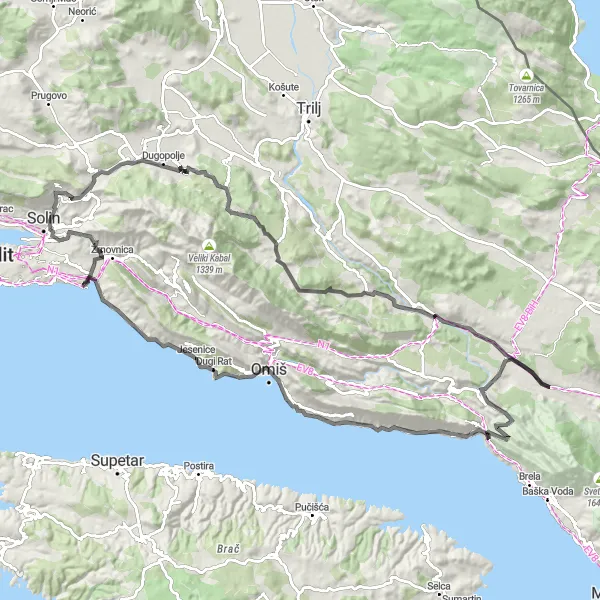Map miniature of "Stobreč to Krug Round-Trip" cycling inspiration in Jadranska Hrvatska, Croatia. Generated by Tarmacs.app cycling route planner