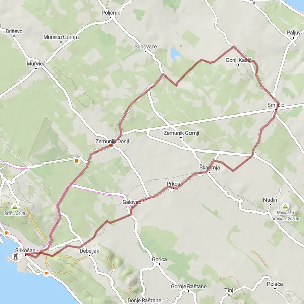 Map miniature of "Exploring Gravel Paths" cycling inspiration in Jadranska Hrvatska, Croatia. Generated by Tarmacs.app cycling route planner