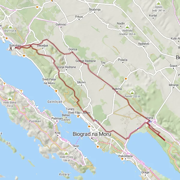 Map miniature of "Gravel Ride to Vrčevo" cycling inspiration in Jadranska Hrvatska, Croatia. Generated by Tarmacs.app cycling route planner