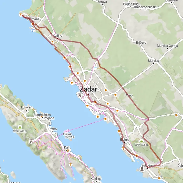 Map miniature of "Gravel Adventure to Tower of Sv. Stosija" cycling inspiration in Jadranska Hrvatska, Croatia. Generated by Tarmacs.app cycling route planner