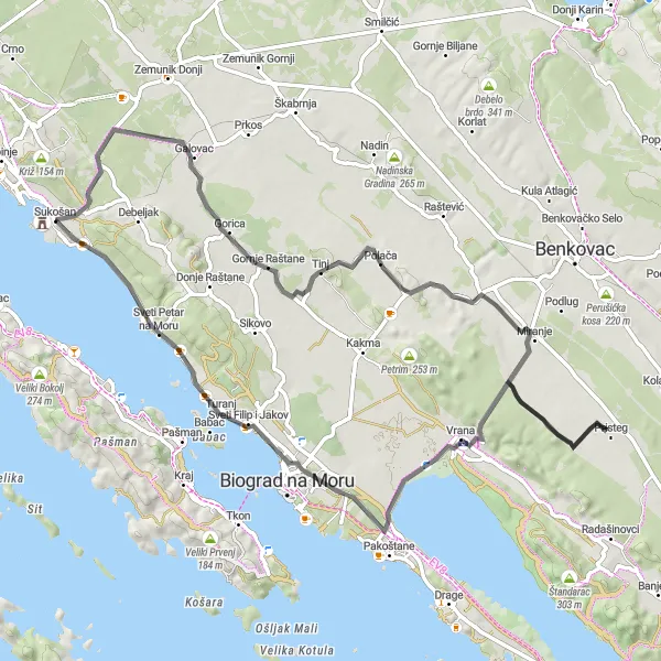Map miniature of "Coastal Vista Excursion" cycling inspiration in Jadranska Hrvatska, Croatia. Generated by Tarmacs.app cycling route planner