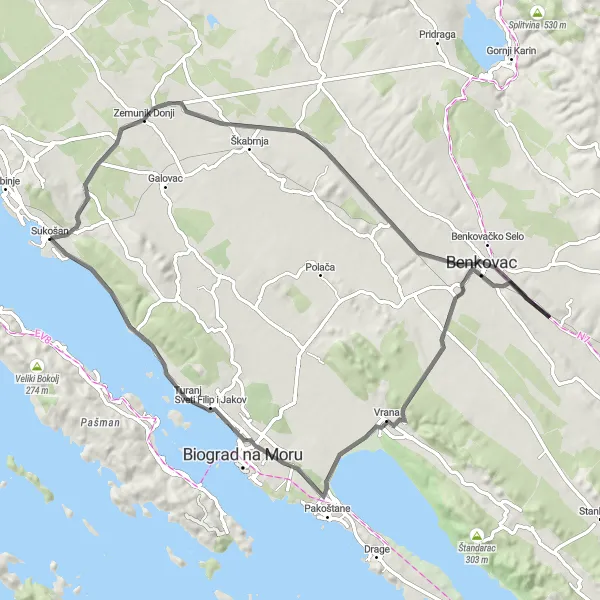 Map miniature of "Lakes and Historic Landmarks" cycling inspiration in Jadranska Hrvatska, Croatia. Generated by Tarmacs.app cycling route planner