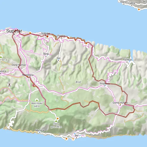 Map miniature of "Supetar - Postira - Vestac Loop" cycling inspiration in Jadranska Hrvatska, Croatia. Generated by Tarmacs.app cycling route planner