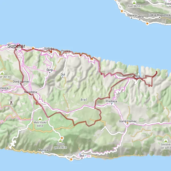 Map miniature of "Supetar - Makova glava - Kruna Loop" cycling inspiration in Jadranska Hrvatska, Croatia. Generated by Tarmacs.app cycling route planner