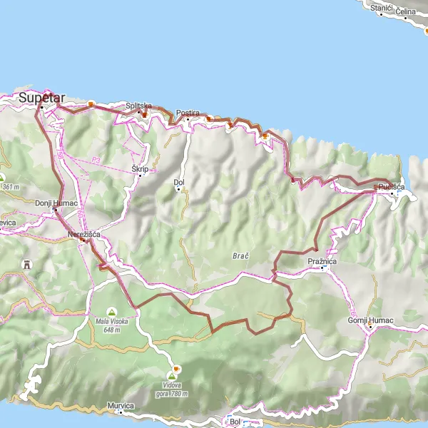 Map miniature of "Supetar - Pučišća - Vestac Loop" cycling inspiration in Jadranska Hrvatska, Croatia. Generated by Tarmacs.app cycling route planner