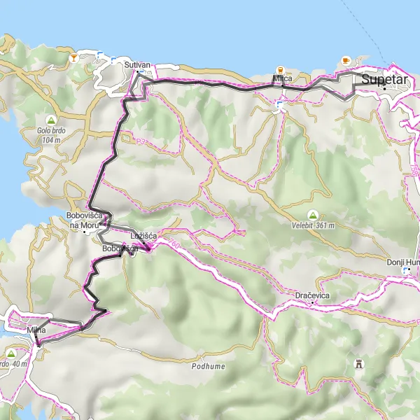 Map miniature of "Supetar - Hum Loop" cycling inspiration in Jadranska Hrvatska, Croatia. Generated by Tarmacs.app cycling route planner