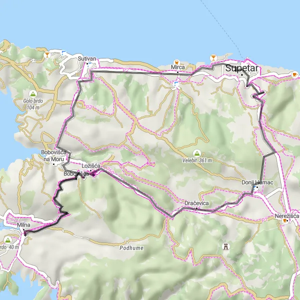 Map miniature of "Supetar - Hum Loop" cycling inspiration in Jadranska Hrvatska, Croatia. Generated by Tarmacs.app cycling route planner