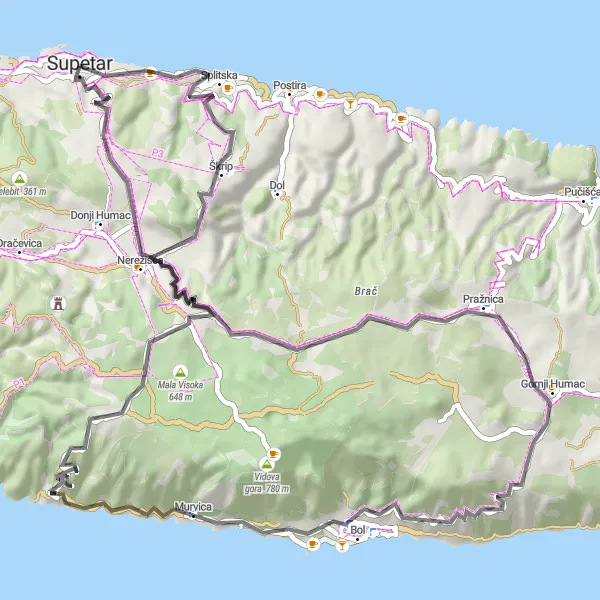 Map miniature of "Supetar to Miljena glava Road Route" cycling inspiration in Jadranska Hrvatska, Croatia. Generated by Tarmacs.app cycling route planner