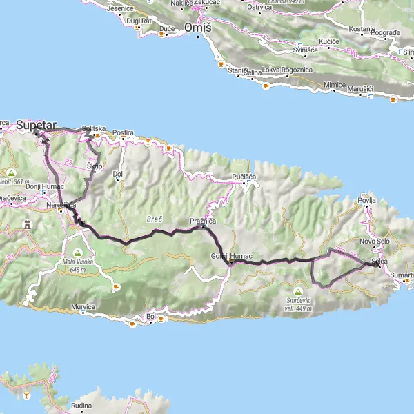 Map miniature of "Supetar to Gračišće Road Route" cycling inspiration in Jadranska Hrvatska, Croatia. Generated by Tarmacs.app cycling route planner