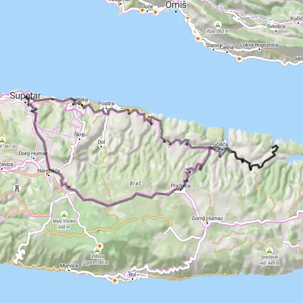 Map miniature of "Supetar to Pučišća Road Route" cycling inspiration in Jadranska Hrvatska, Croatia. Generated by Tarmacs.app cycling route planner