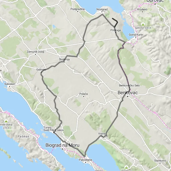 Map miniature of "Tour the Beautiful Villages of Jadranska Hrvatska" cycling inspiration in Jadranska Hrvatska, Croatia. Generated by Tarmacs.app cycling route planner