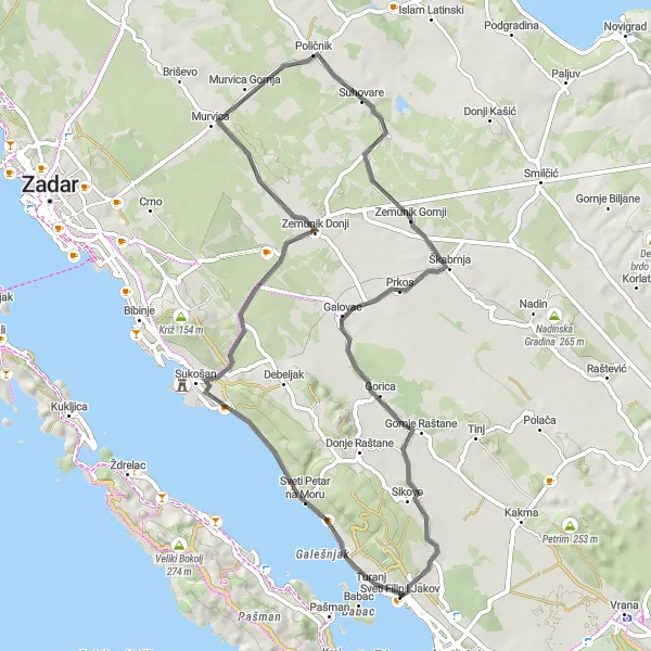 Map miniature of "Coastal Escape: Explore Sveti Petar na Moru" cycling inspiration in Jadranska Hrvatska, Croatia. Generated by Tarmacs.app cycling route planner