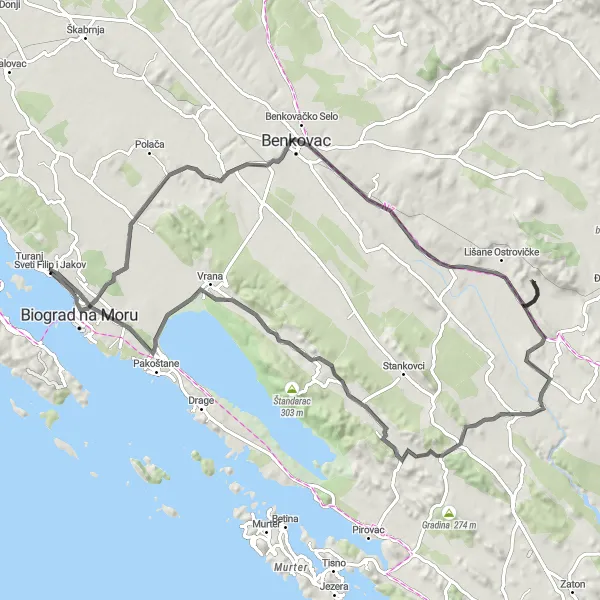 Map miniature of "Coastline and Countryside Road Cycling" cycling inspiration in Jadranska Hrvatska, Croatia. Generated by Tarmacs.app cycling route planner