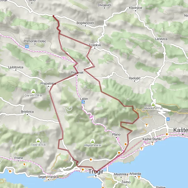 Map miniature of "Coastal Gravel Exploration" cycling inspiration in Jadranska Hrvatska, Croatia. Generated by Tarmacs.app cycling route planner