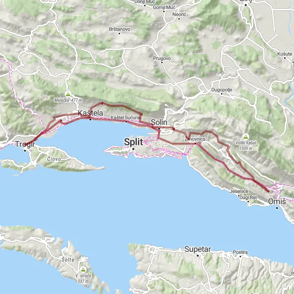 Map miniature of "Off-Road Adventure" cycling inspiration in Jadranska Hrvatska, Croatia. Generated by Tarmacs.app cycling route planner