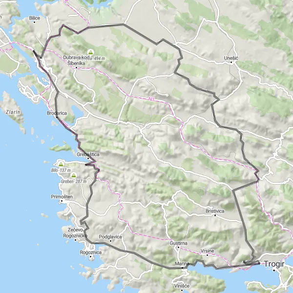 Map miniature of "Road to Šibenik" cycling inspiration in Jadranska Hrvatska, Croatia. Generated by Tarmacs.app cycling route planner