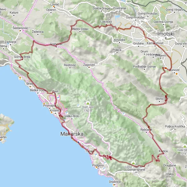 Map miniature of "Gravel Adventure" cycling inspiration in Jadranska Hrvatska, Croatia. Generated by Tarmacs.app cycling route planner