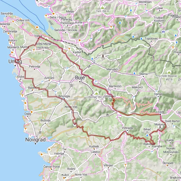 Map miniature of "Gravel Loop near Umag" cycling inspiration in Jadranska Hrvatska, Croatia. Generated by Tarmacs.app cycling route planner