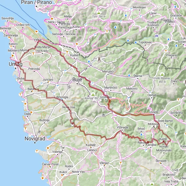 Map miniature of "Istrian Gravel Adventure" cycling inspiration in Jadranska Hrvatska, Croatia. Generated by Tarmacs.app cycling route planner