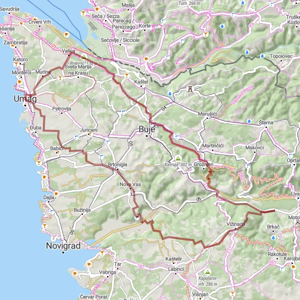 Map miniature of "Charming Grožnjan and Scenic Landscapes" cycling inspiration in Jadranska Hrvatska, Croatia. Generated by Tarmacs.app cycling route planner