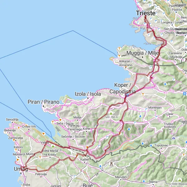 Map miniature of "Cycling through Umag and Dragonja" cycling inspiration in Jadranska Hrvatska, Croatia. Generated by Tarmacs.app cycling route planner