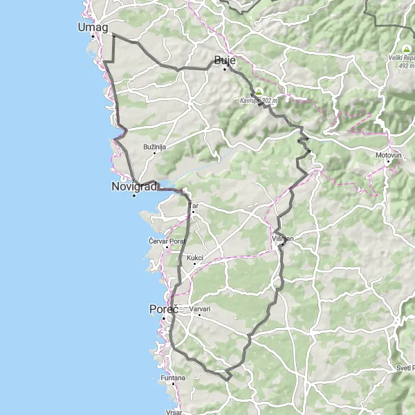 Map miniature of "Umag to Antenal Road Cycling" cycling inspiration in Jadranska Hrvatska, Croatia. Generated by Tarmacs.app cycling route planner