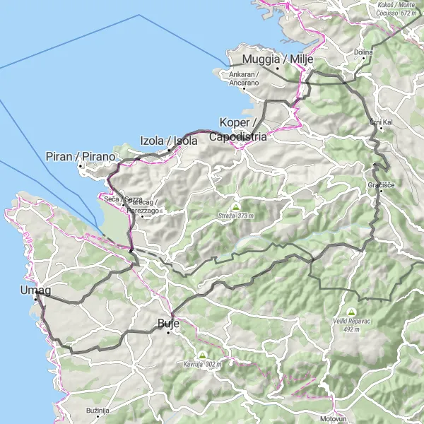 Map miniature of "Ultimate Cycling Challenge: Umag to Vršič" cycling inspiration in Jadranska Hrvatska, Croatia. Generated by Tarmacs.app cycling route planner