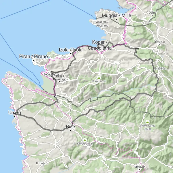 Map miniature of "Umag Coastal Loop" cycling inspiration in Jadranska Hrvatska, Croatia. Generated by Tarmacs.app cycling route planner