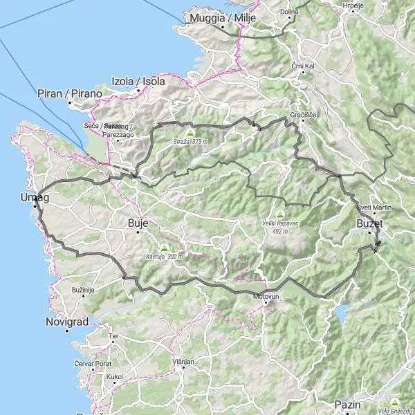 Map miniature of "Motovun Epic Loop" cycling inspiration in Jadranska Hrvatska, Croatia. Generated by Tarmacs.app cycling route planner