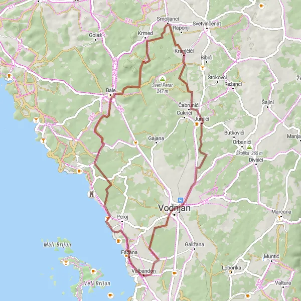 Map miniature of "Fažana to Bale Gravel Ride" cycling inspiration in Jadranska Hrvatska, Croatia. Generated by Tarmacs.app cycling route planner
