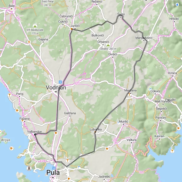 Map miniature of "Vodnjan Loop" cycling inspiration in Jadranska Hrvatska, Croatia. Generated by Tarmacs.app cycling route planner