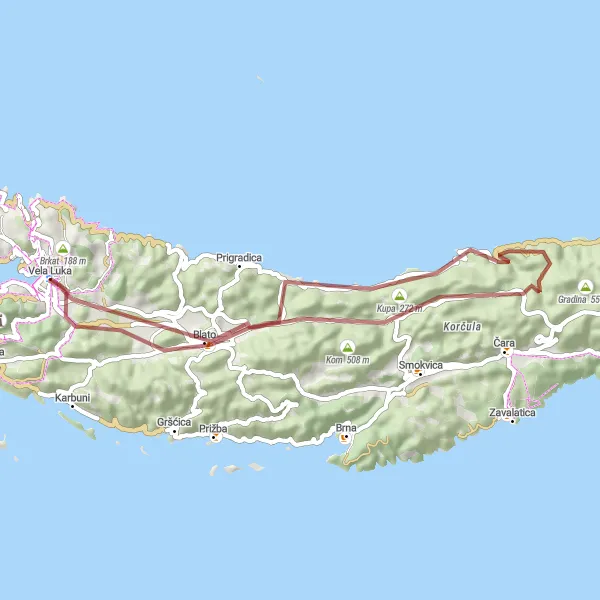 Map miniature of "Picturesque Gravel Cycling Adventure from Vela Luka" cycling inspiration in Jadranska Hrvatska, Croatia. Generated by Tarmacs.app cycling route planner