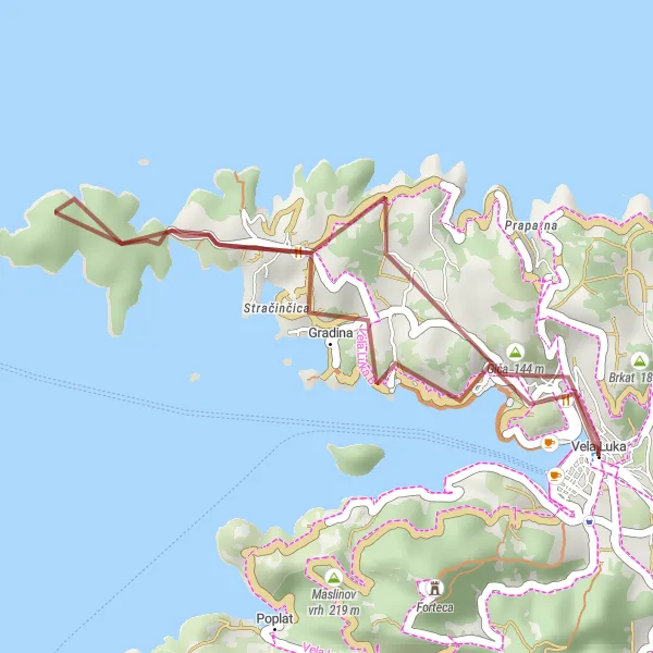 Map miniature of "Vela Luka Scenic Gravel Cycle" cycling inspiration in Jadranska Hrvatska, Croatia. Generated by Tarmacs.app cycling route planner