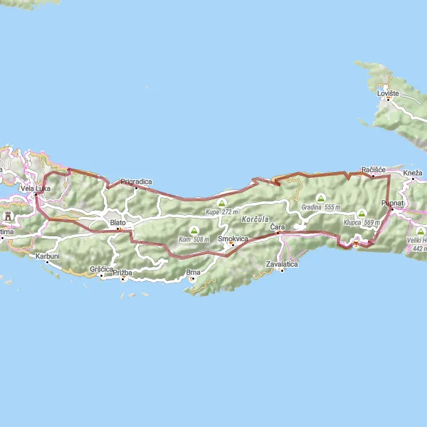Map miniature of "Gravel Loop around Vela Luka" cycling inspiration in Jadranska Hrvatska, Croatia. Generated by Tarmacs.app cycling route planner