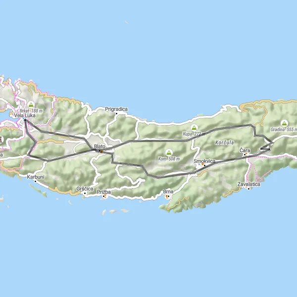 Map miniature of "Exploring Vela Luka Road Cycling Route" cycling inspiration in Jadranska Hrvatska, Croatia. Generated by Tarmacs.app cycling route planner